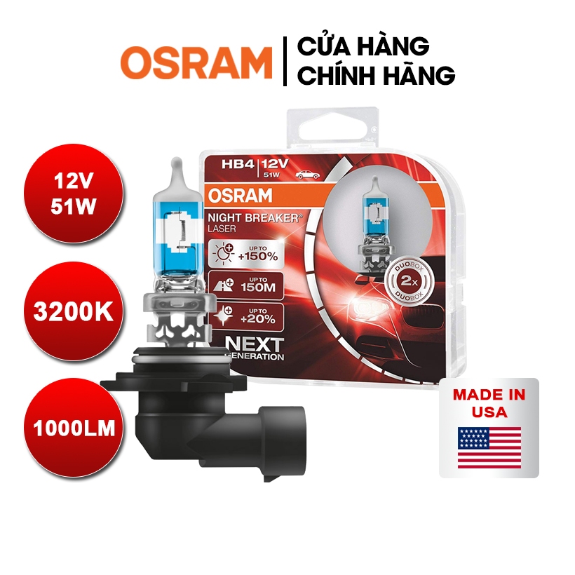 Combo 2 Bóng Đèn Halogen Tăng Sáng 150% OSRAM Night Breaker Laser HB4 12V 51W - Nhập Khẩu Chính Hãng