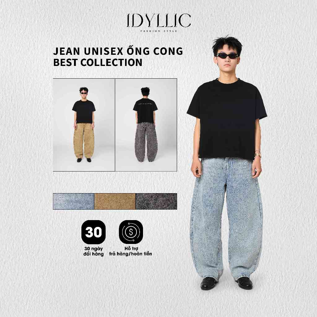 Quần Jean Ống Cong, Rộng Nam Nữ Che Khuyết Điểm – Denim Đứng Form Wash Vintage – IDYLLIC