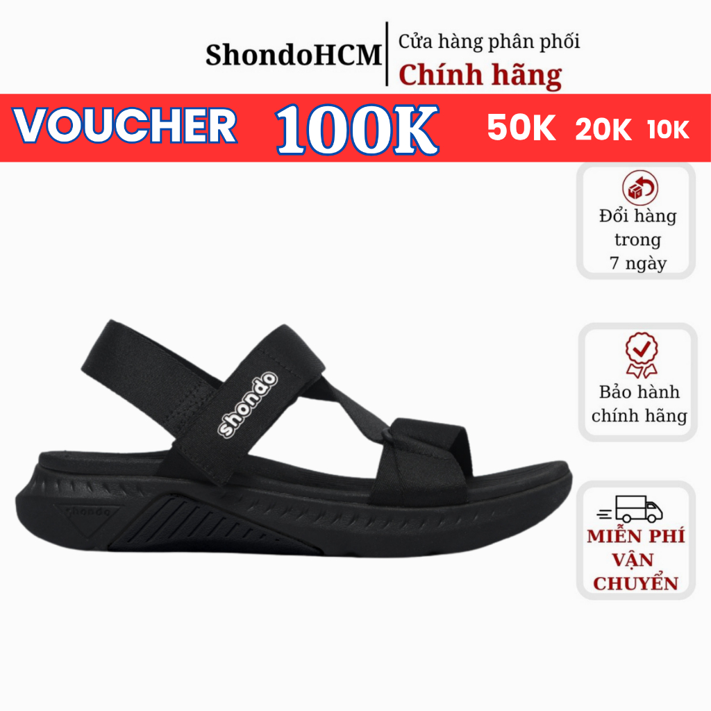 Giày Sandals Nam Nữ SHONDO F7 Racing Cao Cấp, Êm Chân Quai Liền Full Đen F7R1110 Đế Cao 5cm