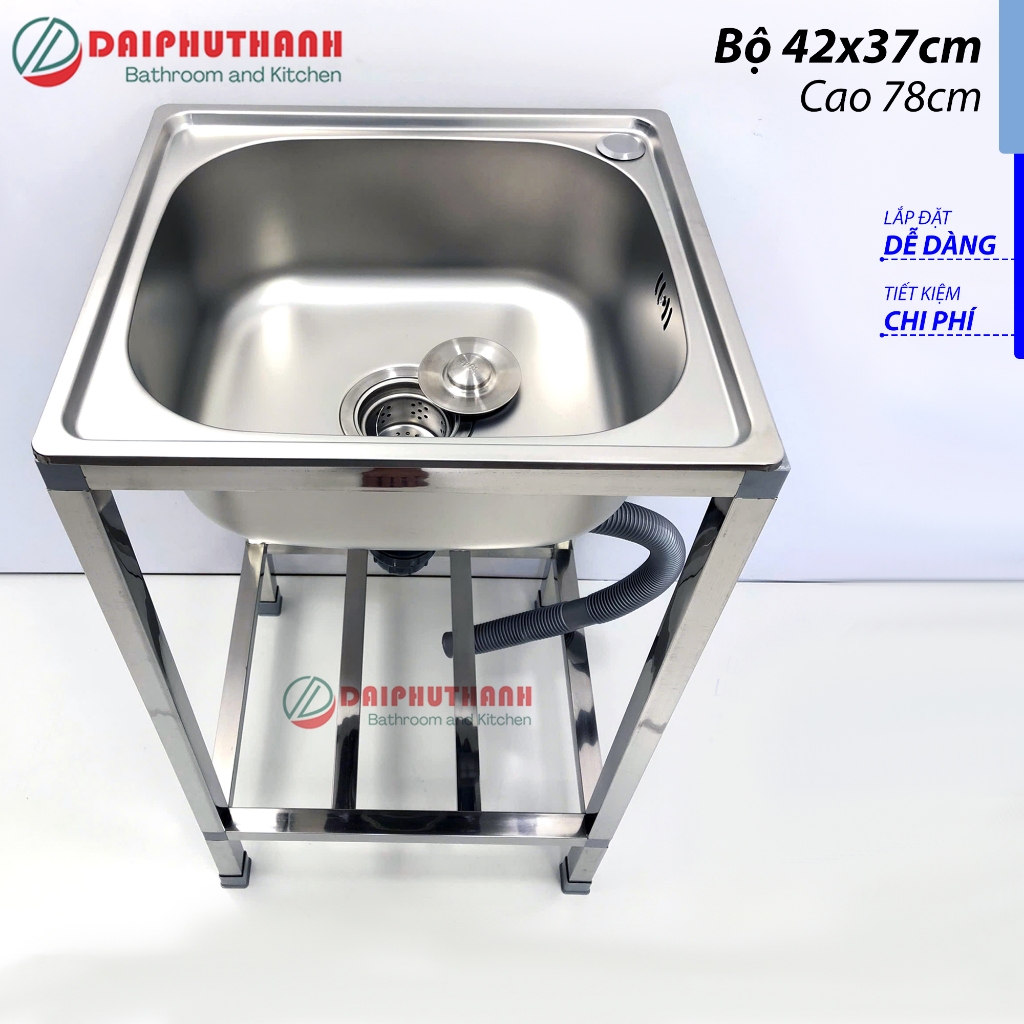 Chậu Rửa Chén Bát Inox Có Chân Lắp Ráp Kèm Vòi Lạnh Nhựa Dây Cấp - Chậu 1 hộc Nhiều kích thước Cao 78cm