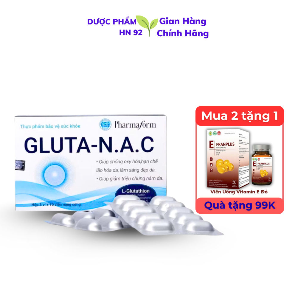Viên uống trắng da Pharmaform Gluta- N.A.C giúp mờ nám, thâm mụn, trắng da, ngừa lão hoá hộp 30 viên