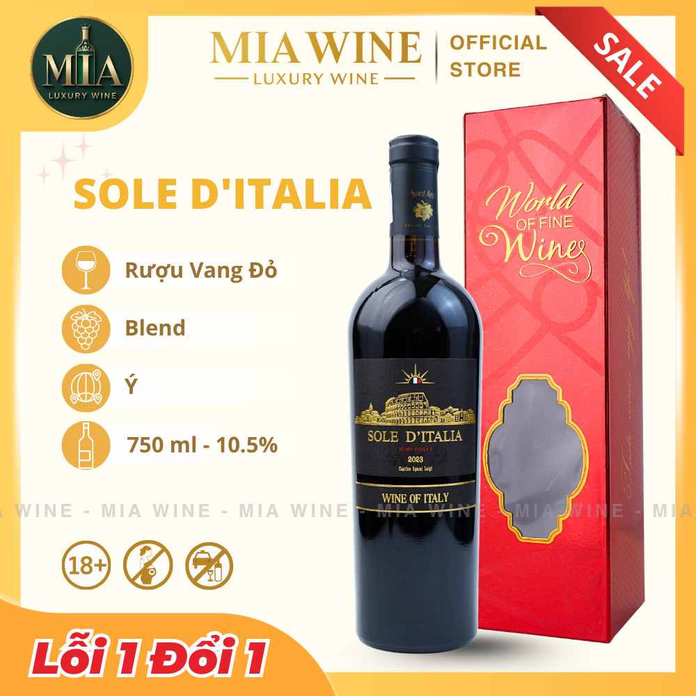 [Chính hãng] - Rượu Vang Đỏ Ngọt Ý Sole D'Italia Semi - 750ml (10,5%) Mia Wine