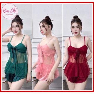 Đồ ngủ nữ sexy gợi cảm lưới xuyên thấu quyến rũ, bộ ngủ 2 dây lụa mềm lưới mỏng Kim chi sleepwear Lưới cột nơ