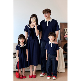 Áo cặp đôi - đồ đôi , đồng phục gia đình thun nam polo nữ xanh navi maxi form dài bèo cổ kèm dây nơ - FOREVER COUPLE