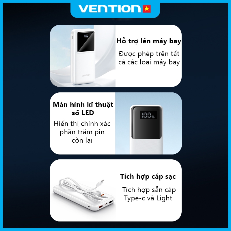 Pin Sạc Dự Phòng 22.5W Vention 20000mAh,Có Sẵn Dây Cáp Type C Và Light, Hỗ Trợ Nhiều Thiết Bị, Màn Hình Hiển Thị LED | BigBuy360 - bigbuy360.vn