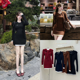  VÁY LEN NGẮN BODY MIUMIU KÈM KHĂN metwo.dearu - Đầm len trơn mềm basic phối viền gấu trắng QC dài tay dày dặn ulzzang HQ 