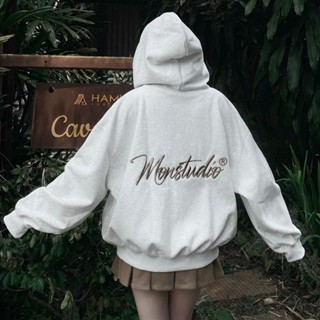  Áo Khoác Hoodie Zip Thu Đông Mon Studio THÊU NỔI 3D MON STUDIO Vải Nỉ Ép Form Boxy Unisex Có Túi Trong 