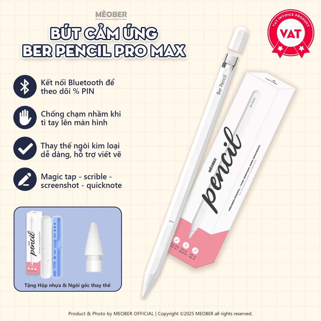 [New 2025] Bút cảm ứng BerPencil Pro Type C dành cho Tablet - Chống chạm nhầm, scribble, chuyển tẩy/ bút by MèoBer