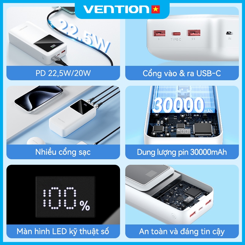 Pin Sạc Dự Phòng 30000mAh 22.5W Vention, 3 Cổng USB/Type-C/Micro, Sạc Nhanh PD3.0, Dung Lượng Lớn Cho Điện Thoại | BigBuy360 - bigbuy360.vn
