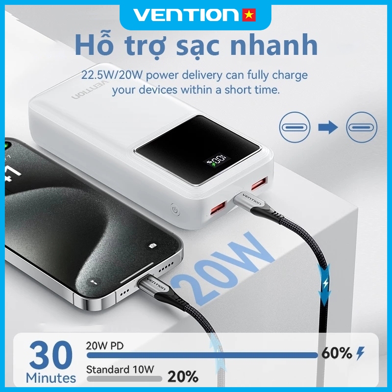 Pin Sạc Dự Phòng 30000mAh 22.5W Vention, 3 Cổng USB/Type-C/Micro, Sạc Nhanh PD3.0, Dung Lượng Lớn Cho Điện Thoại | BigBuy360 - bigbuy360.vn