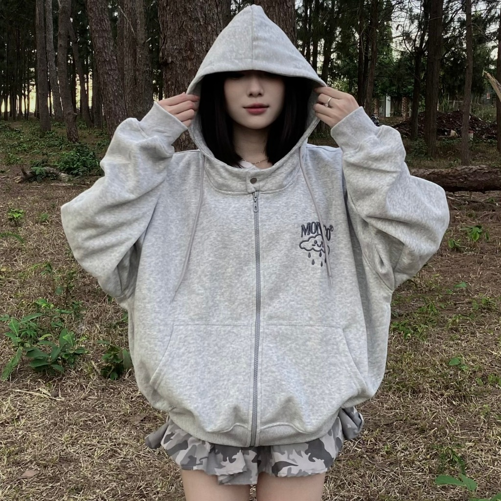 Áo Khoác Hoodie Zip Thu Đông Mon Studio THÊU NỔI ĐÁM MÂY Vải Nỉ Ép, Form Boxy Unisex Nam Nữ Đều Mặc 