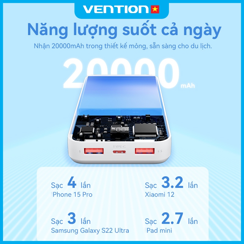 Pin Sạc Dự Phòng 30000mAh 22.5W Vention, 3 Cổng USB/Type-C/Micro, Sạc Nhanh PD3.0, Dung Lượng Lớn Cho Điện Thoại | BigBuy360 - bigbuy360.vn