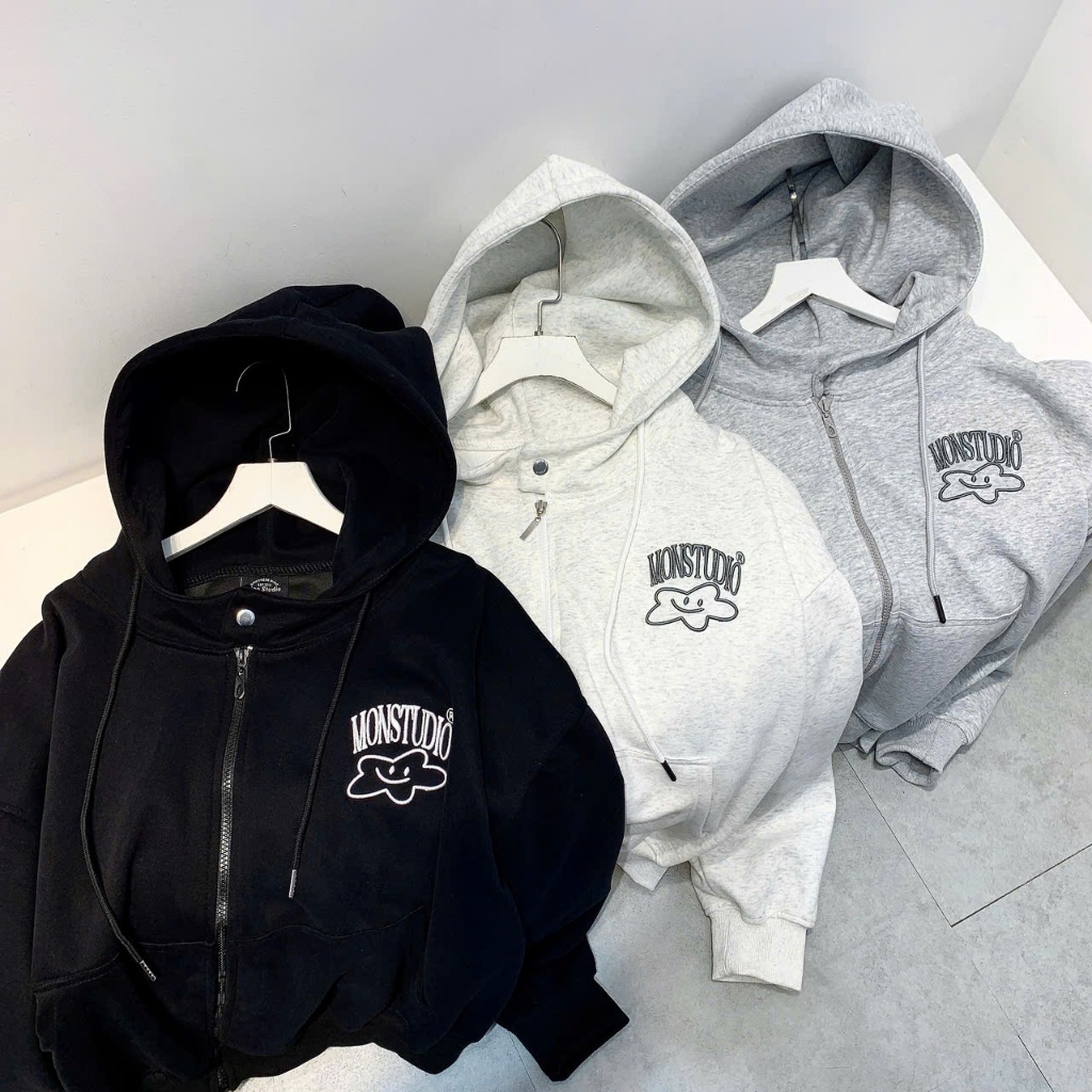 Áo Khoác Hoodie Zip Thu Đông Mon Studio THÊU NỔI 3D NGÔI SAO, Vải Nỉ Ép, Form Boxy Unisex , Có Túi Trong | BigBuy360 - bigbuy360.vn