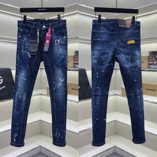  Quần jean bò nam PB biker slimfit khoá lệch xanh bạc trơn vảy sơn tag logo D2 đùi mác hồng basic QJ749P 
