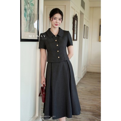 Set Áo Kiểu Và Chân Váy Xoè Nữ MY WAY Dáng Ngắn Cúc Ngọc Cao Cấp 3MAB1414 - 3MCXB224 - BE0