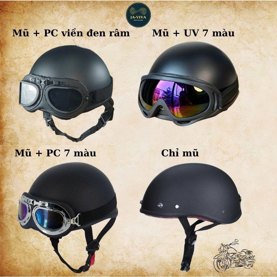 Mũ bảo hiểm trơn 1/2, nón bảo hiểm phượt nửa đầu gắn kính phi công, giá rẻ nhiều màu siêu cute