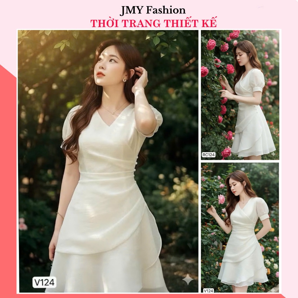 V124 Váy đầm trắng voan tơ đuôi cá dáng ngắn [TH Rency] váy trắng cổ V nhún eo nữ tính