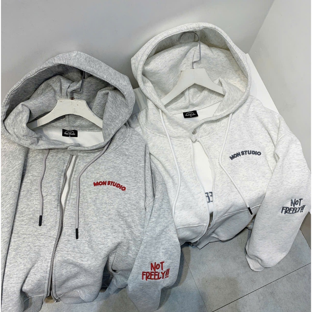 Áo Khoác Hoodie Zip Thu Đông Mon Studio THÊU NỔI 3D NOT FREELY Vải Nỉ Ép, Form Boxy Unisex , Có Túi Trong | BigBuy360 - bigbuy360.vn