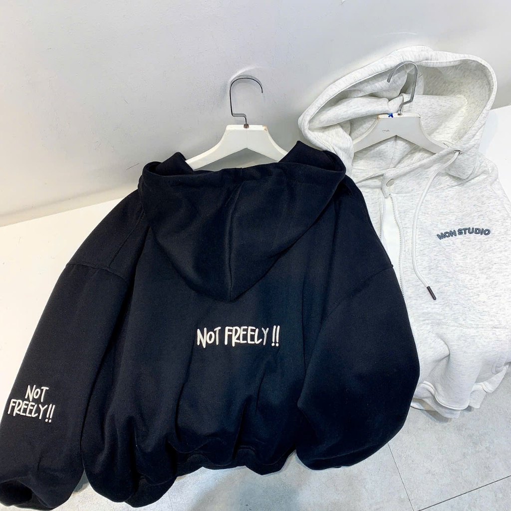 Áo Khoác Hoodie Zip Thu Đông Mon Studio THÊU NỔI 3D NOT FREELY Vải Nỉ Ép, Form Boxy Unisex , Có Túi Trong | BigBuy360 - bigbuy360.vn