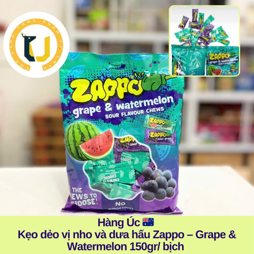 (HÀNG ÚC) Kẹo dẻo chua 2 vị Nho & Dưa hấu ZAPPO Grape & Watermelon Sour Flavour Chews gói 150GR