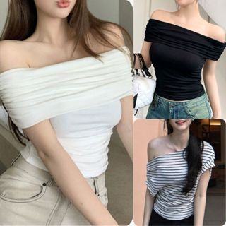 [Hoả Tốc HCM] Áo kiểu trễ vai nữ ôm body - áo kiểu bẹt vai tay ngắn cổ thuyền CUTIE PIE