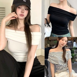   Hoả Tốc HCM  Áo trễ vai tay ngắn ôm body sexy COTIH Áo kiểu bẹt vai sang chảnh quyến rũ 