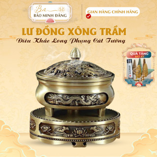 Combo Đế + Lư Đồng 3 Chân Long Phụng, Lư Đốt Trầm Hương Chất Liệu Hợp Kim Đồng Đúc Nguyên Khối