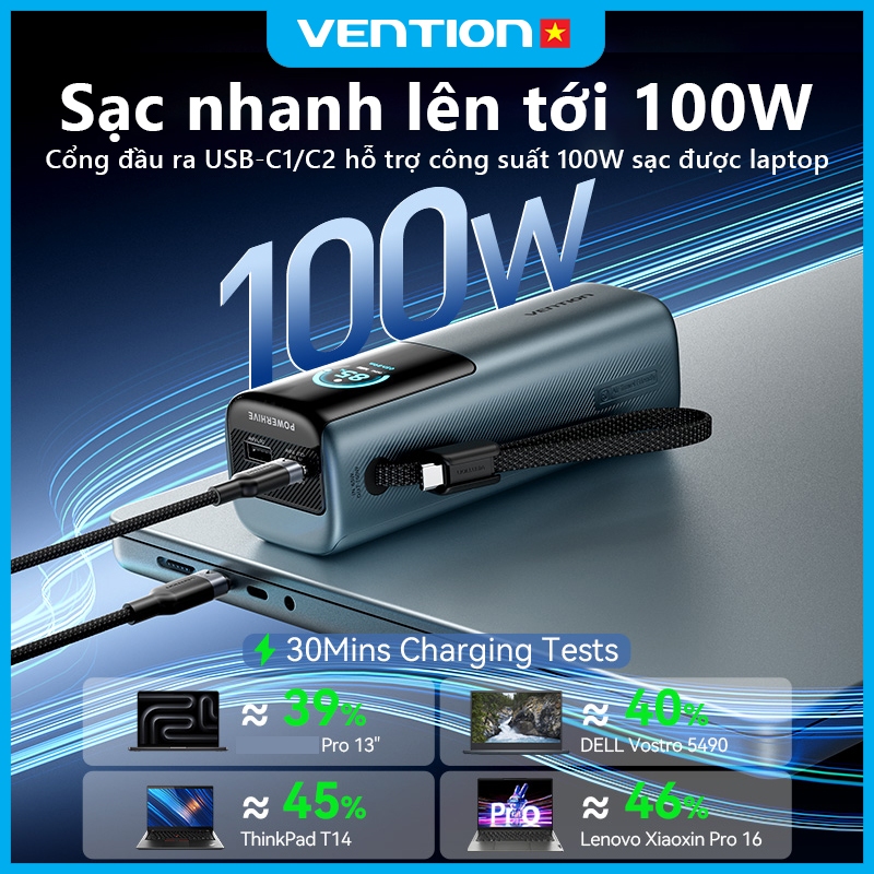 Pin Sạc Dự Phòng 165W 20000mAh Vention Sạc Được Laptop MatBook, Dây Type-C Tích Hợp, Màn Hình AI, 2 Cổng USB-A/C | BigBuy360 - bigbuy360.vn