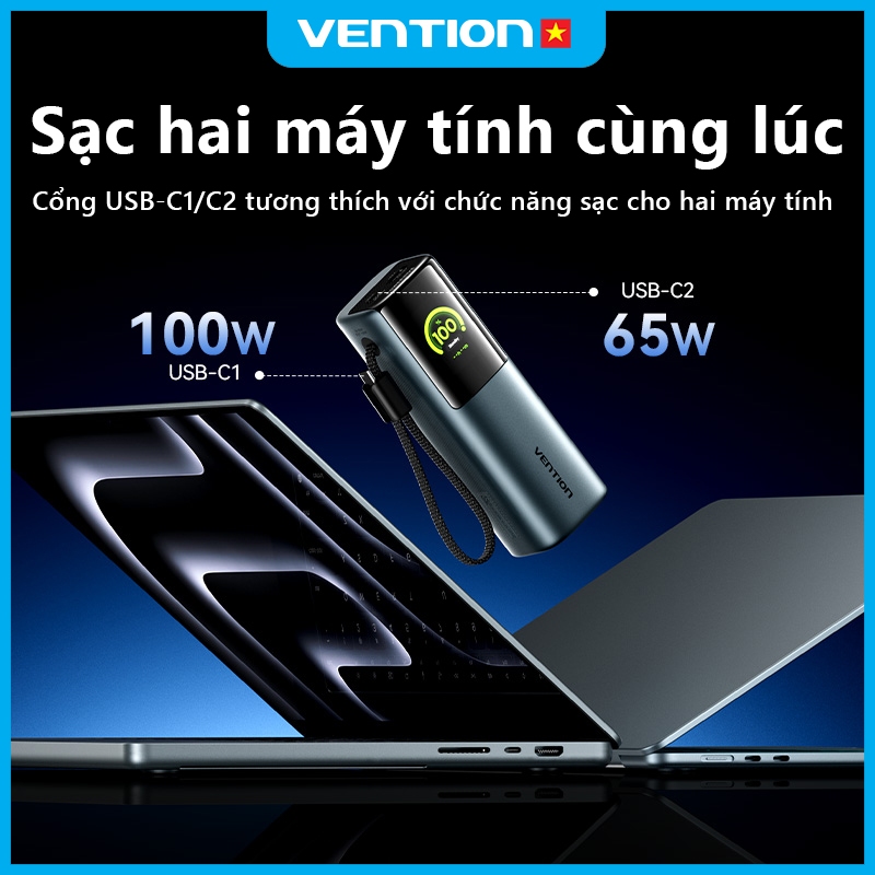 Pin Sạc Dự Phòng 165W 20000mAh Vention Sạc Được Laptop MatBook, Dây Type-C Tích Hợp, Màn Hình AI, 2 Cổng USB-A/C | BigBuy360 - bigbuy360.vn