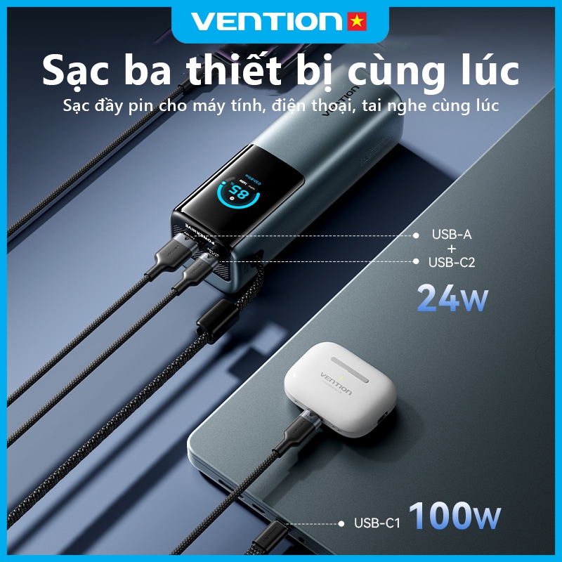 Pin Sạc Dự Phòng 165W 20000mAh Vention Sạc Được Laptop MatBook, Dây Type-C Tích Hợp, Màn Hình AI, 2 Cổng USB-A/C | BigBuy360 - bigbuy360.vn