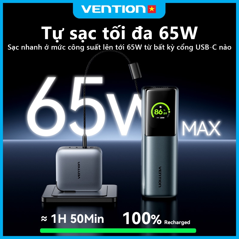 Pin Sạc Dự Phòng 165W 20000mAh Vention Sạc Được Laptop MatBook, Dây Type-C Tích Hợp, Màn Hình AI, 2 Cổng USB-A/C | BigBuy360 - bigbuy360.vn