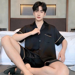  bộ đồ ngủ lụa  mặc nhà đùi  trơn đen viền trắng cho các cặp đôi chất lụa cao cấ 