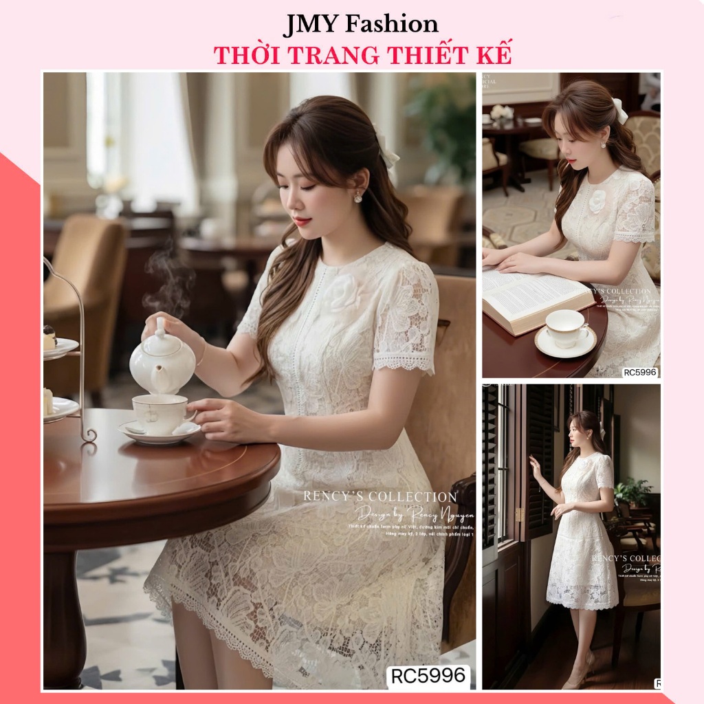 RC5996 Váy ren kem dáng A xòe thiết kế tiểu thư công sở (tặng kèm hoa cài) TH RENCY