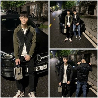  Áo Khoác Phao Nam Trám Mũ Nỉ Da Cá Màu Đen Và Phối Xanh Rêu Thời Trang Nam Kiểu Dáng Khoác Ngoài 