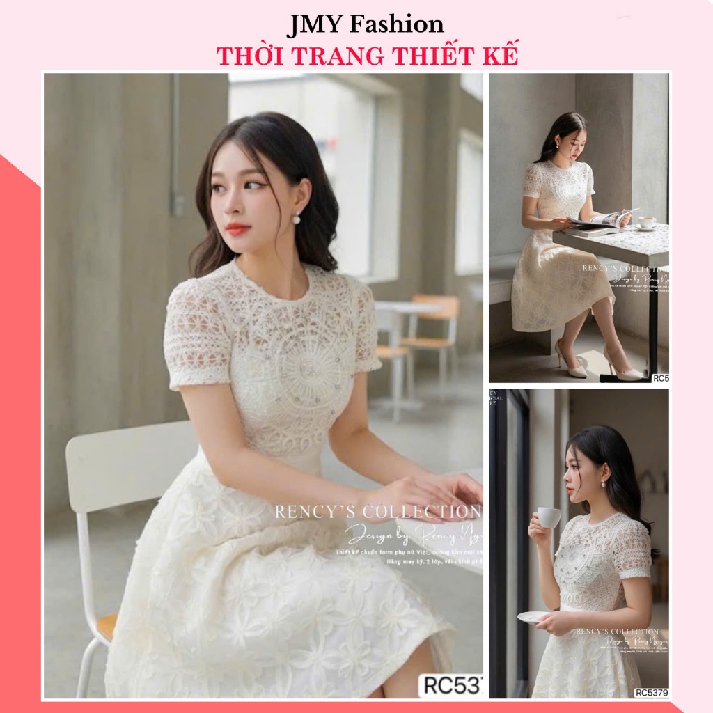 RC5379 Váy ren kem dáng ngắn thiết kế hoạ tiết hoa nổi đính đá sang trọng [TH RENCY]