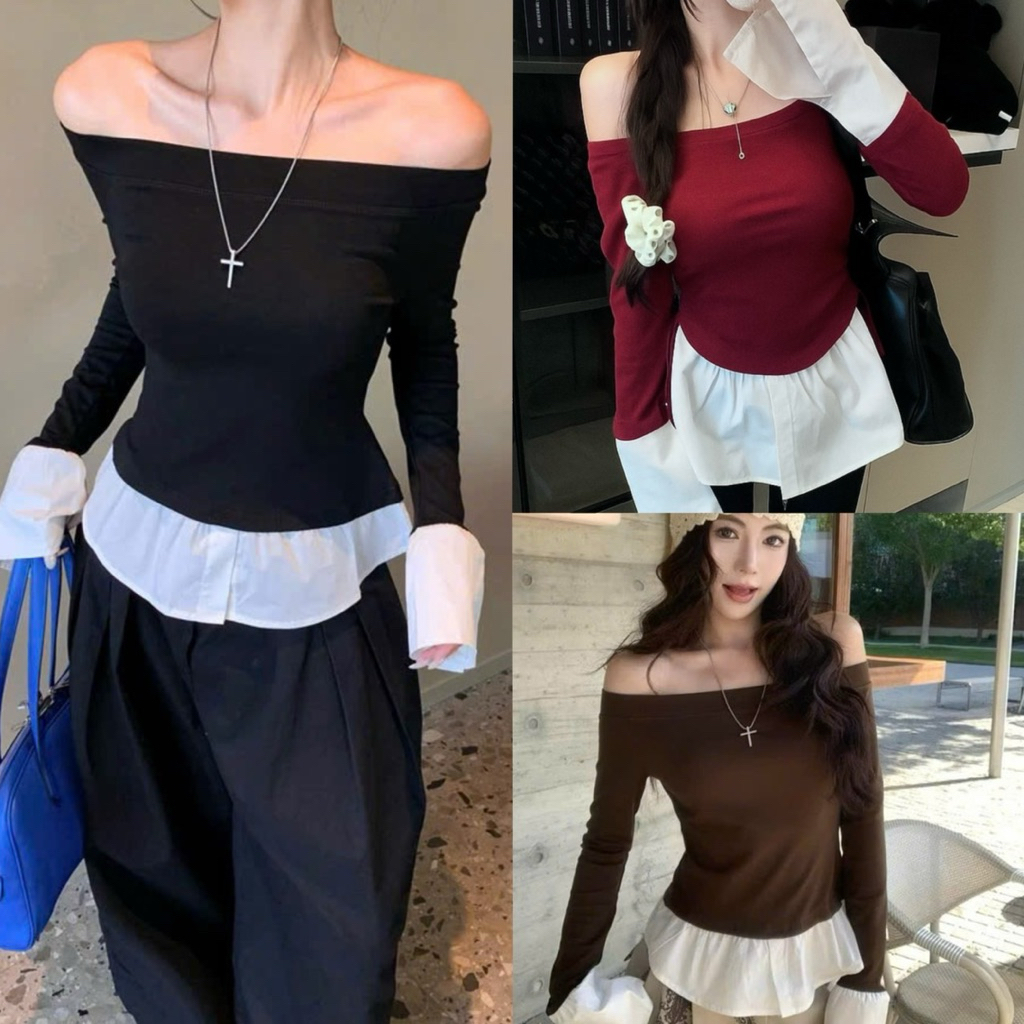 Áo Trễ vai nữ tay dài cotton QC co giãn phối bo sơ mi, Áo Tay dài thu đông Hot