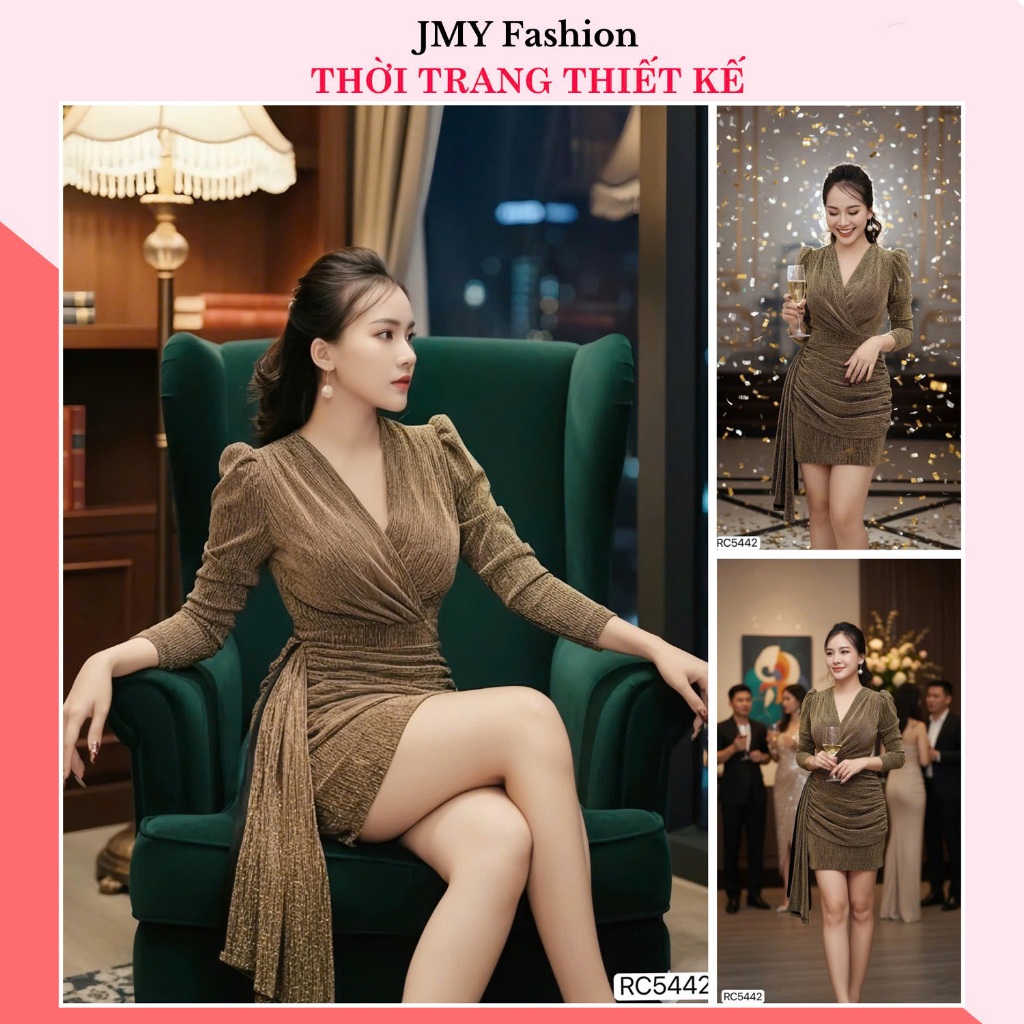 RC5442 Váy nhũ ánh vàng co giãn ôm body dáng ngắn nhún eo quyến rũ [TH RENCY]