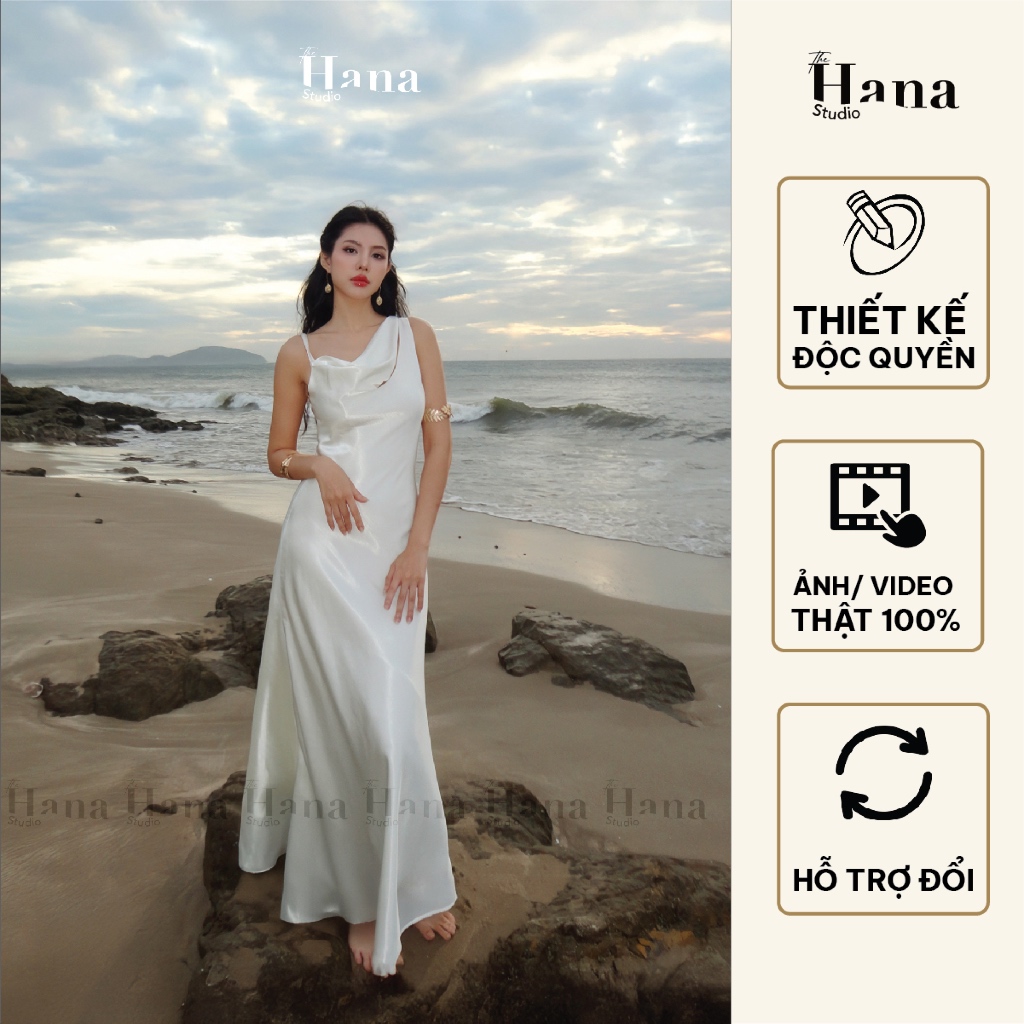 HANASTUDIOS Caitlyn Midi Dress - Đầm lụa dài cổ đổ bất đối xứng