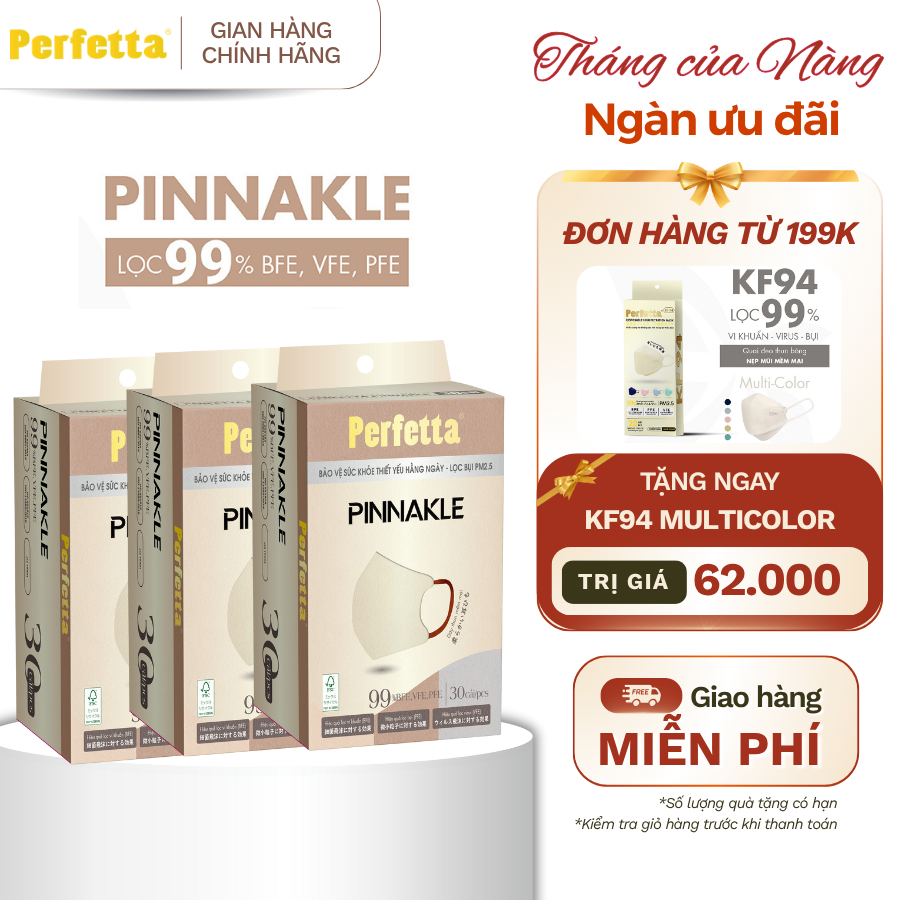 (TẶNG KF94 ĐH 199K) Combo 3 Hộp Khẩu Trang Perfetta Pinnakle 30 Cái/Hộp Cao Cấp - 3 Lớp Bảo Vệ, From 5D