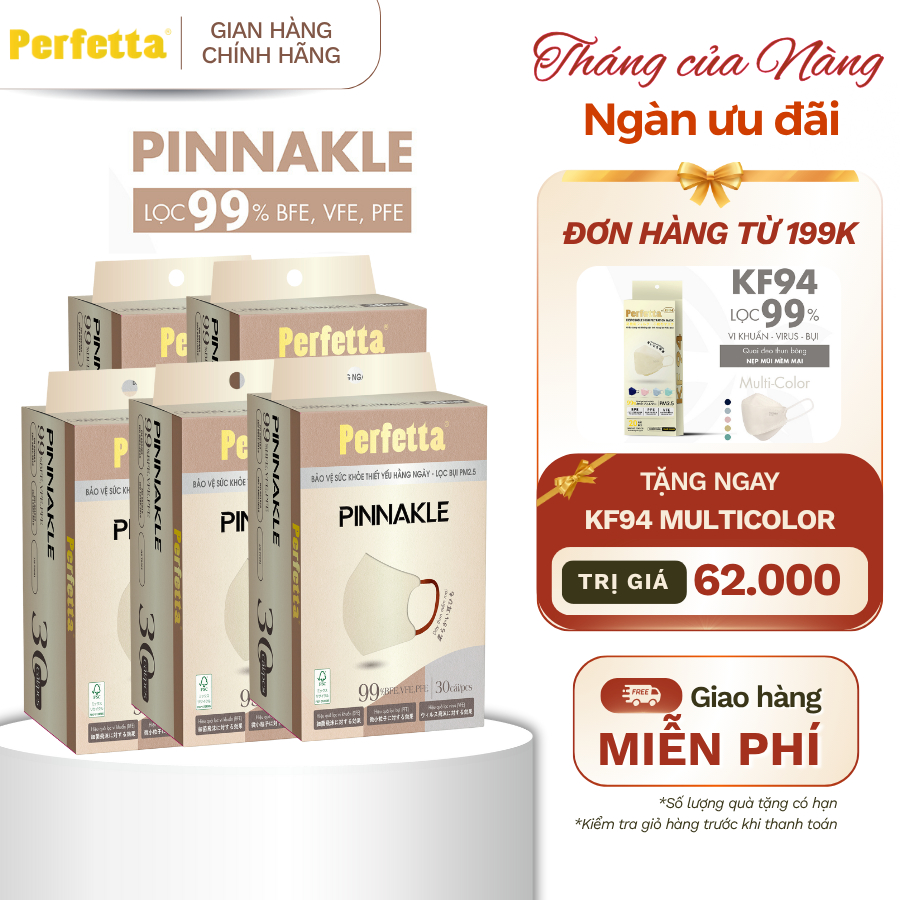 (TẶNG KF94 ĐH 199K) Combo 5 Hộp Khẩu Trang Perfetta Pinnakle 30 Cái/Hộp Cao Cấp - 3 Lớp Bảo Vệ, From 5D