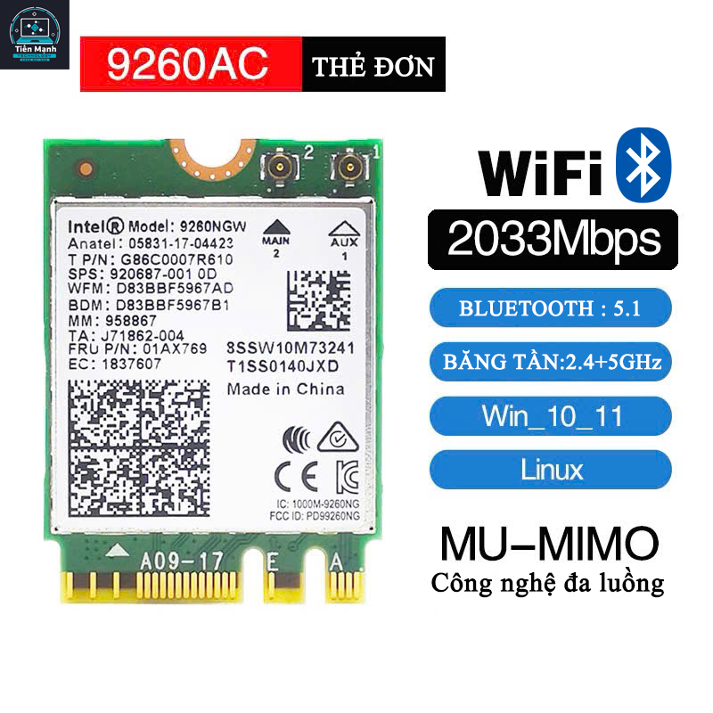 Card WIFI 5 INTEL AC 9260 NGW M2 2230 KEY EA 5GHZ Bluetooh 5 cho Laptop PC TinyPc MiniPc...