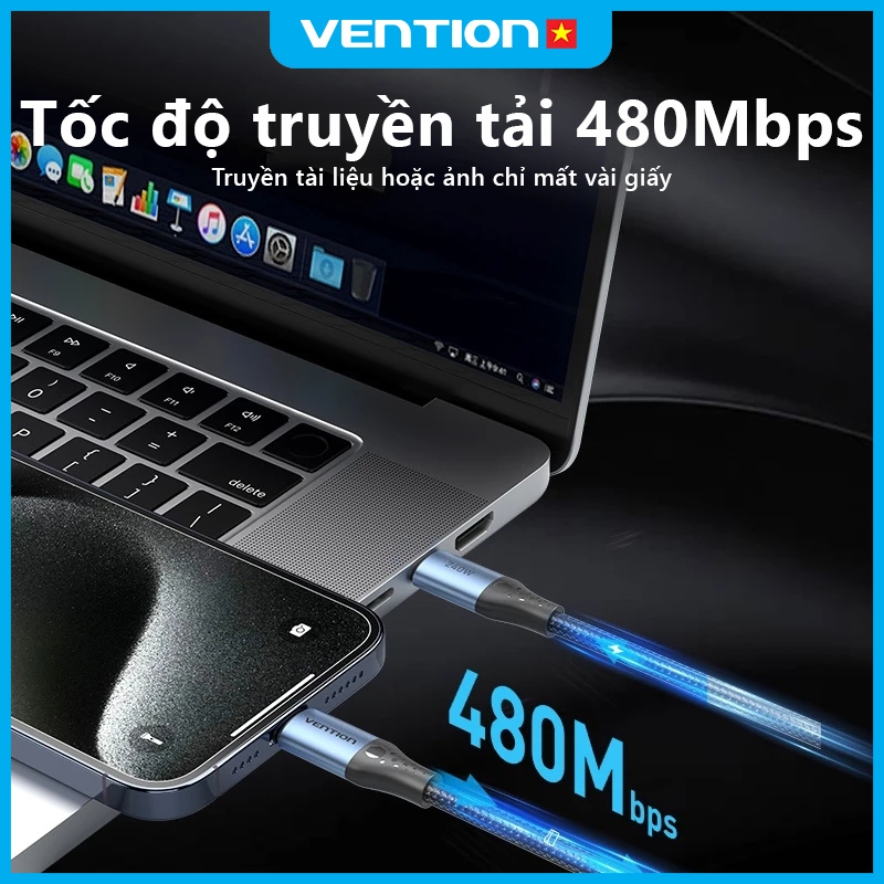 Cáp Sạc Nhanh 240W Vention Type C, Tốc Độ 480Mbps, Dây Dù Bện 4mm Đầu Hợp Kim Nhôm Mạ Niken Bền Chắc | BigBuy360 - bigbuy360.vn