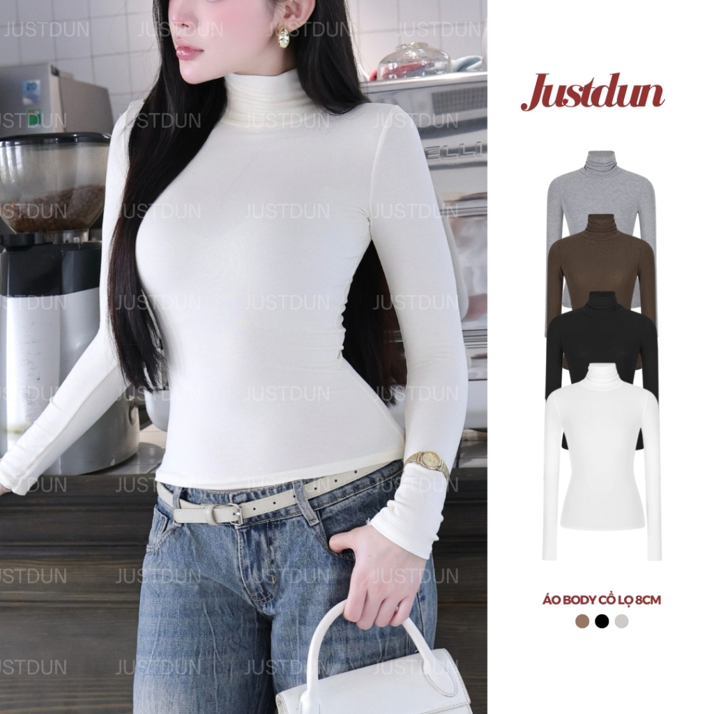 Áo cổ lọ 8p dài tay giữ nhiệt cổ lọ cao 8cm co giãn chất cotton lông thỏ mịn dày dặn Justdun C20