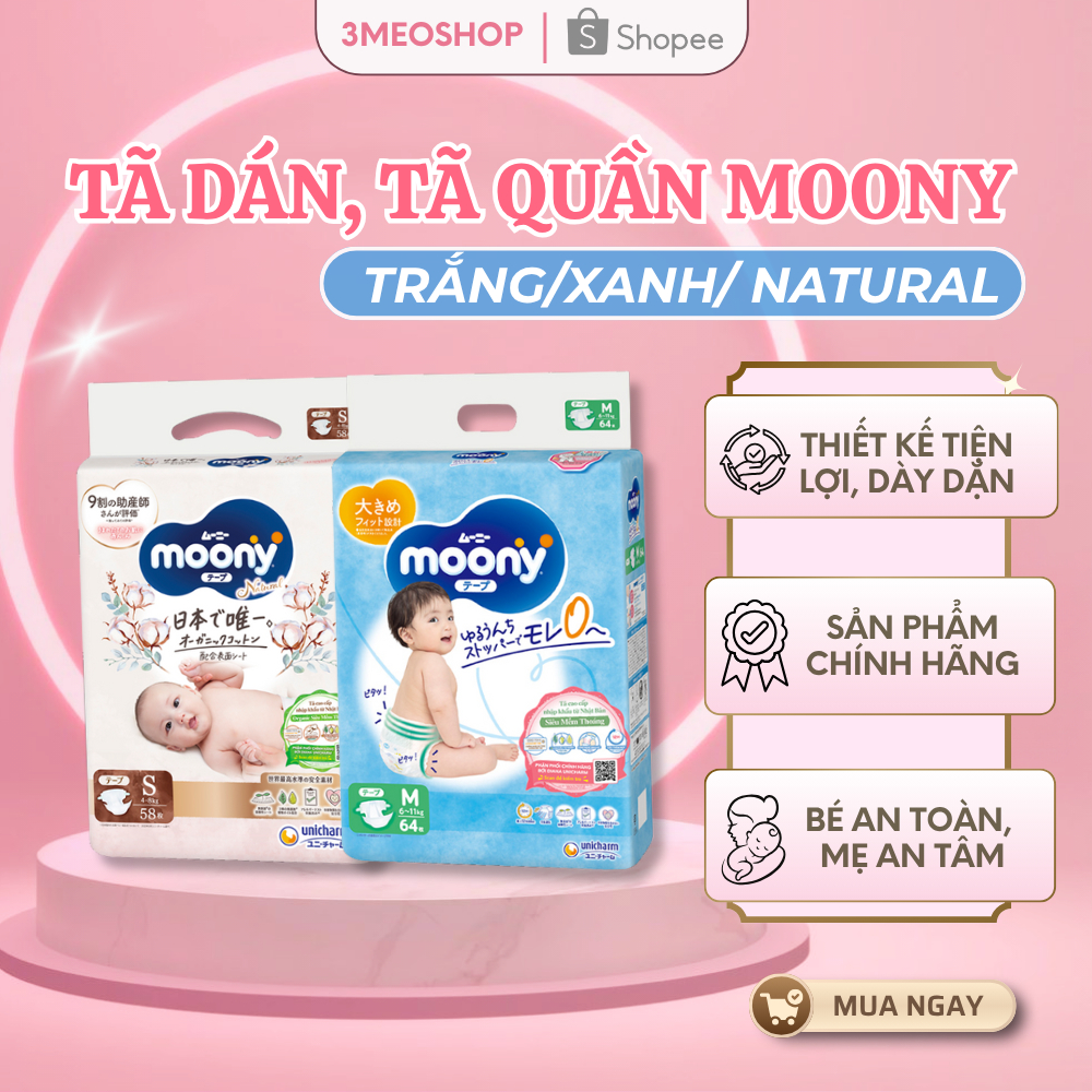 Tã Dán, Tã Quần Moony Trắng/Moony Xanh/Moony Natural Hàng Hàng  Nhật Bản Tiêu Chuẩn fullsize
