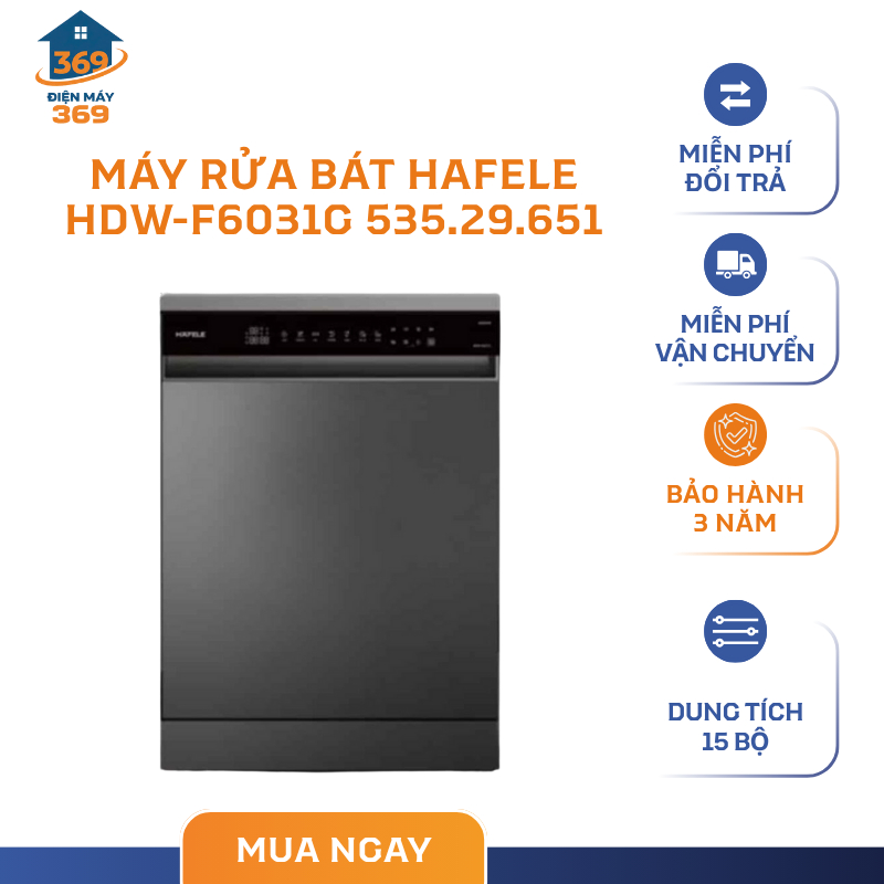 Máy Rửa Chén Hafele HDW-F6031G 535.29.651, Dung Tích 15 Bộ, 7 Chương Trình Rửa - SMC