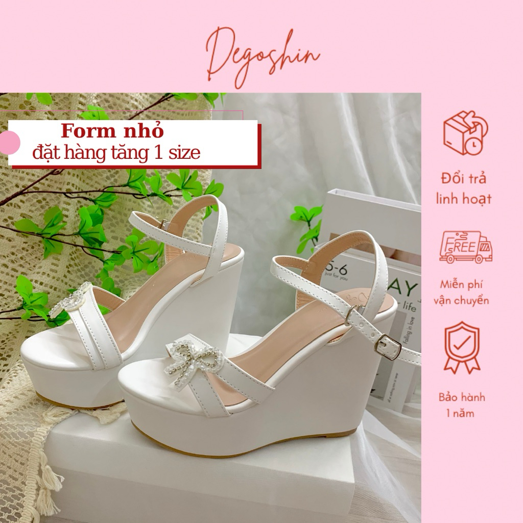 Giày sandal nữ, giày cưới đế xuồng 12cm Degoshin - tôn dáng, nhẹ êm và chắc chân đính nơ cườm.