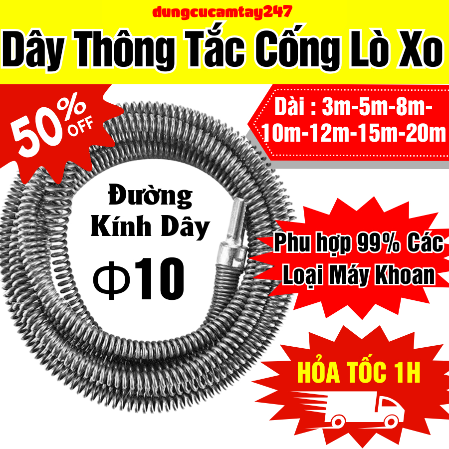Dụng Cụ Dây Thông Cống Lò Xo Gắn Máy Khoan Phi 10 Kèm Đầu Nối, Dễ Sử Dụng, Dễ Lắp Đặt, Dài 3m, 5m, 8m, 10m, 12m, 15m