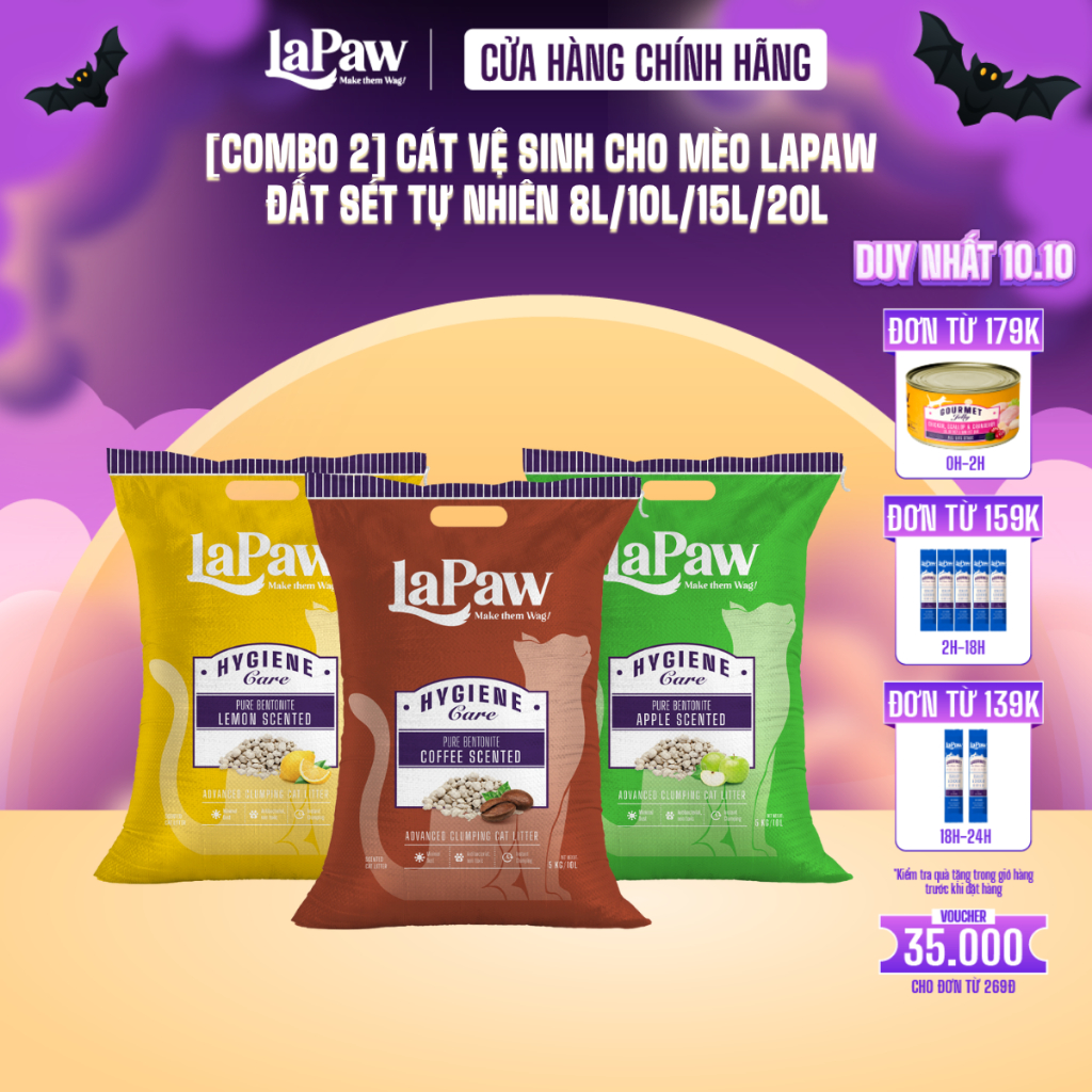 [COMBO 2 bao] laPaw Cát vệ sinh cho mèo đất sét tự nhiên khử mùi, vón cục, thấm hút 8L/10L/15L/20L