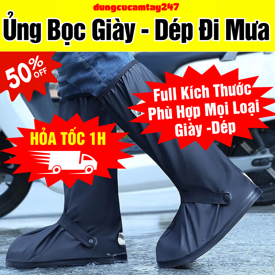 Ủng Bọc Giày Chống Nước Đi Mưa Nam Nữ Cổ Cao, Đế Cao Su Chống Trượt Chất Liệu PVC Hai Lớp, Đủ Size Từ 34  Đến 47