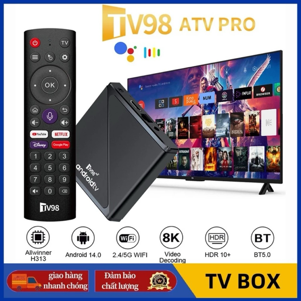 (MS11)Android tv box Tv98 ATV PRO model 2025 cài dãn truyền hình miễn phí YouTube không quảng cáo